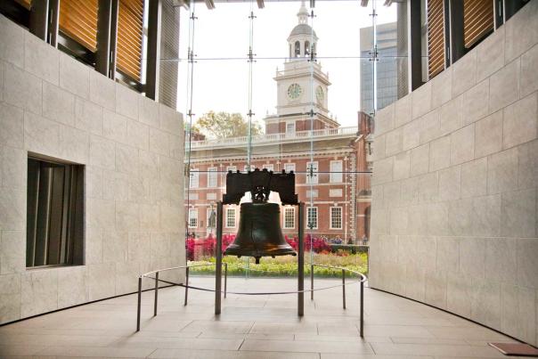 Liberty bell display in front of Independence Hall in Philadelphia