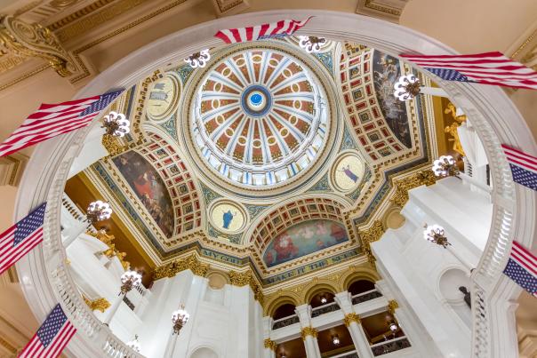 A colorful roof of the rotunda at the Capitol Building in Harrisburg