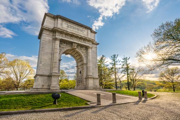 The iconic arch at Valley Forge National Historical Park in King of Prussia on a sunny day.