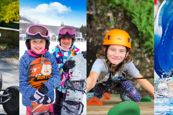 Collage of four images with kids doing outdoor activities in each
