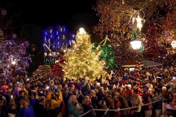 Large crowd around a glowing Christmas tree at night