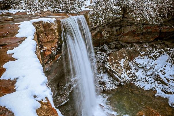 Waterfall with snow covering the surrounding area