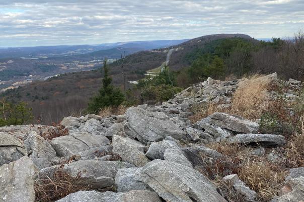 Hawk Mountain in the winter with large rocks up close and trees in the distance