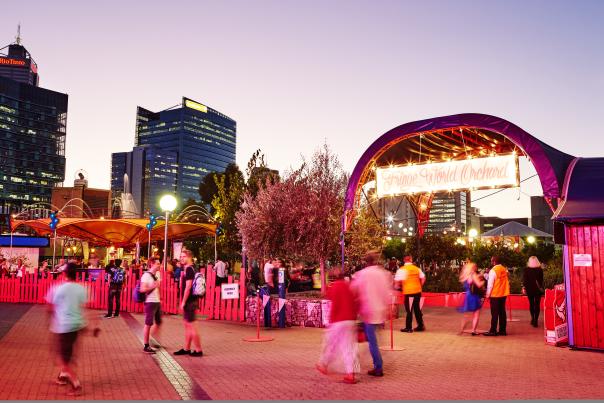 Entrance to the Fringe World Festival Orchard at sunset