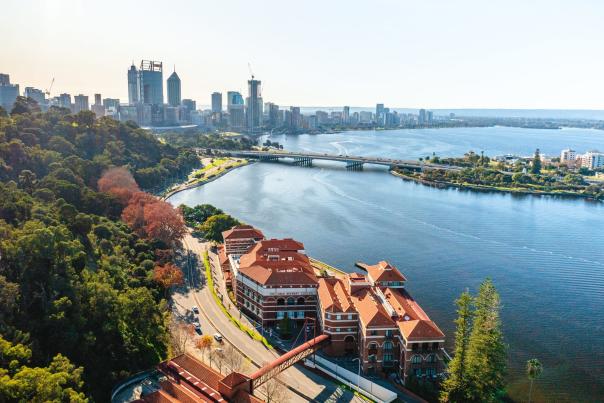 Aerial view of the Old Swan Brewery and Swan River, Perth City