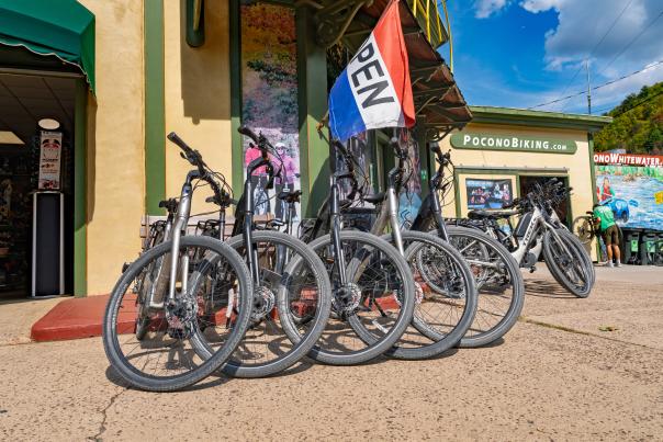 Bikes are ready for adventure outside Pocono Biking in Jim Thorpe.