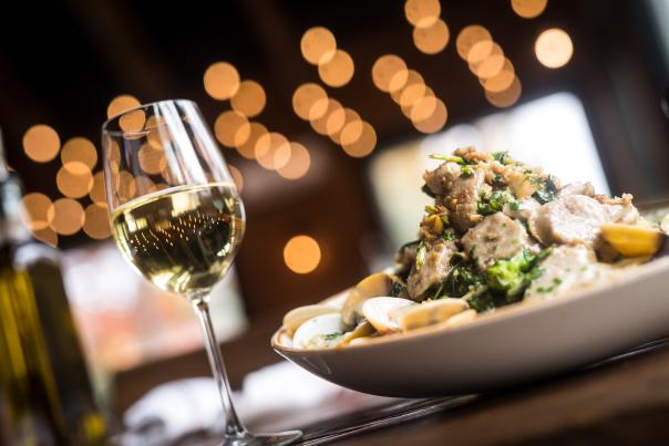 A delicious meal and glass of wine await at Berrelli's at Camelback Resort in the Poconos.