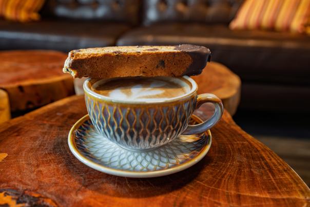 A beautiful latte and sweet treat from Perla Coffee Co. and Eatery in the Poconos.