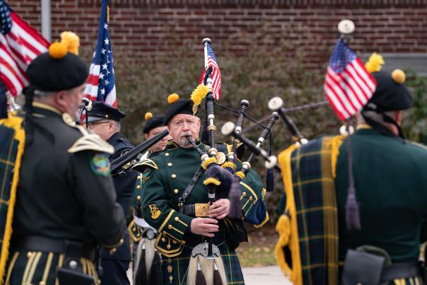 A bagpiper prepares for a St. Patrick's Day Parade in the Pocono Mountains