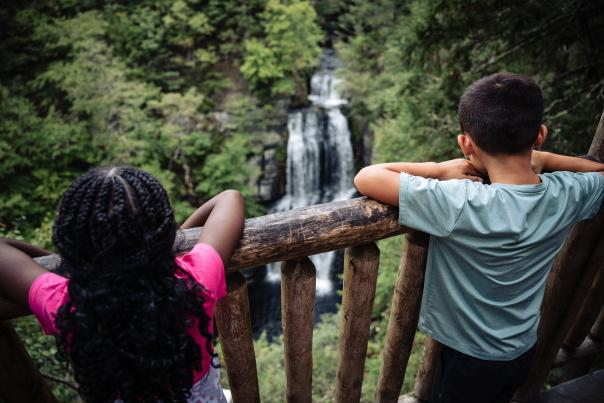 Two children enjoy a view of Bushkill Falls in the Pocono Mountains.