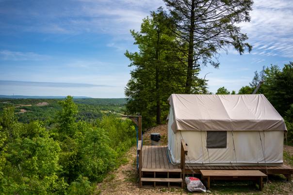 A panoramic view from a glamping tent at Blue Mountain in the Poconos.