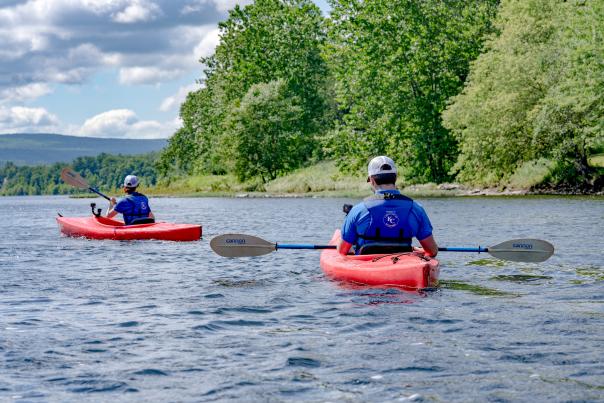 Kayakers explore the Delaware River in the Pocono Mountains.