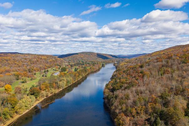An aerial fall view of Delaware Water Gap National Recreation Area in the Poconos.