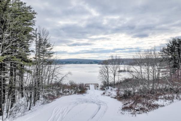 A snowy view of Shohola Reservoir in the Pocono Mountains