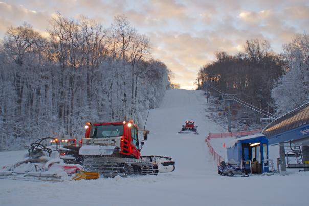 Machine grooming snow at a Pocono ski area