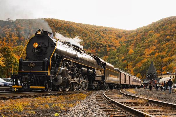 A train leaves the station for a fall foliage trip in scenic Jim Thorpe, PA.