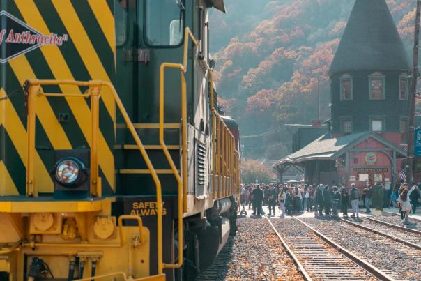A view of the fall foliage train getting ready to depart on the Lehigh Gorge Scenic Railway in Jim Thorpe.