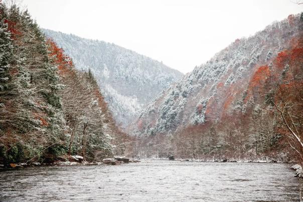 A snowy view of Delaware Water Gap in the Poconos.