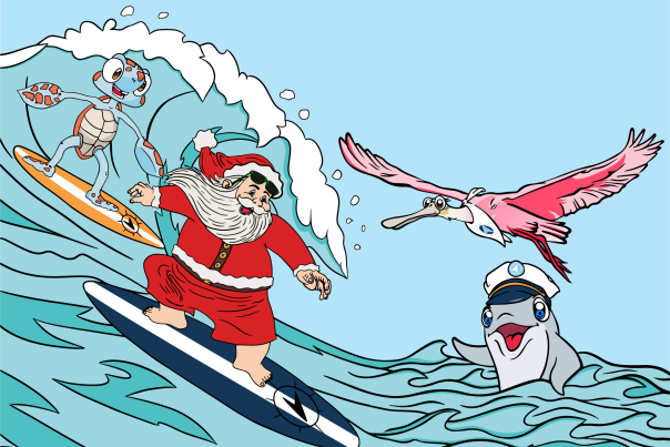 Flynn the turtle and Santa Claus surfing on a wave while Captain Riley the dolphin and Dotty the Roseate Spoonbill watch with joy