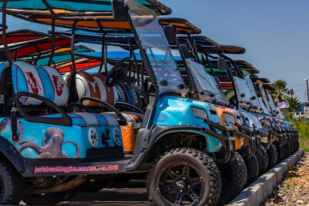 A row of golf carts covered in aquatic wraps and with unique seat stitching