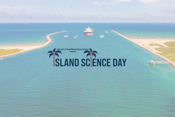 A blue and orange logo reads "Island Science Day." The "I"s are beakers made of palm trees. Behind the logo is a semi-transcluent photo of a ship channel.