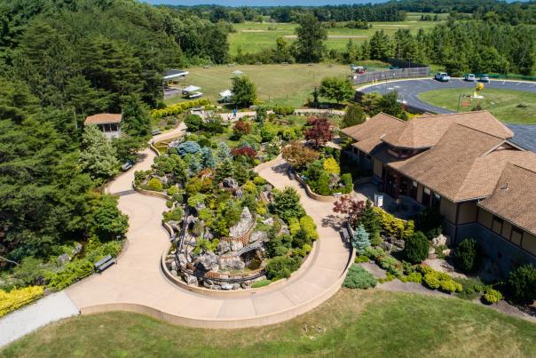 Aerial view of a park with a miniature train display