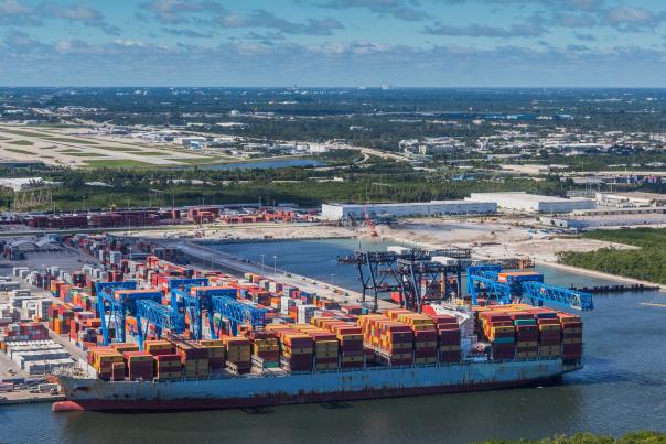 Aerial view of cargo and cranes at Port Everglades