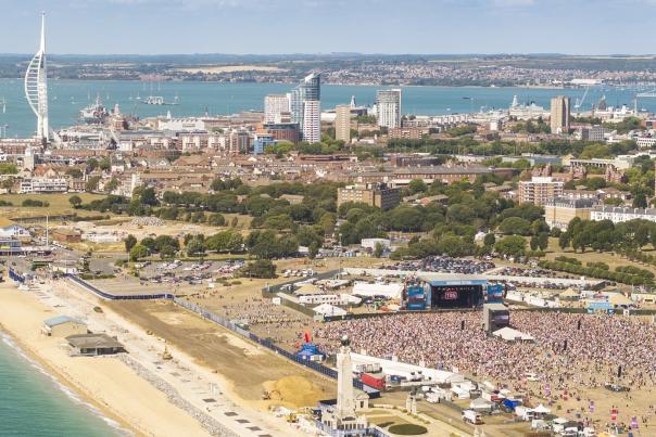 An aerial photograph showing the Victorious Festival site and surrounding areas.