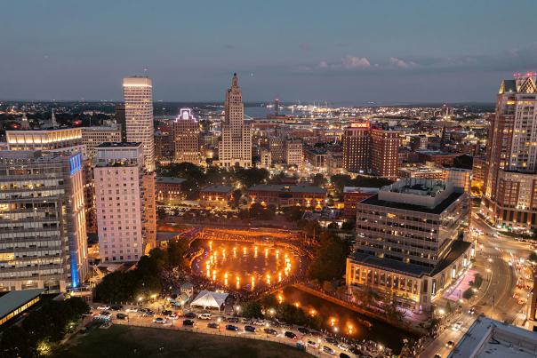 WaterFire, Proivdence, RI aerial view from a drone