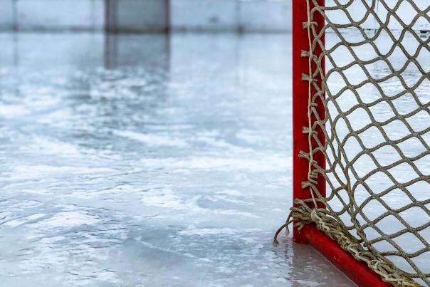 Hockey net on ice rink
