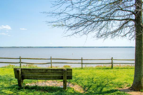 a bench near the shores of Leesylvania State Park
