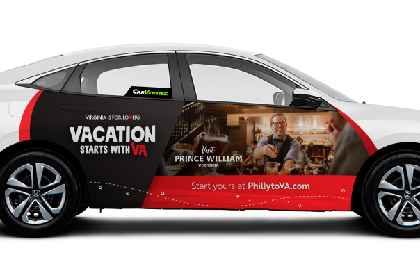 This image shows a mock-up of advertising for the Philly to VA ad campaign. It shows a white car covered in an advertisement for Visit Prince William. The ad features the bar at Black Sheep Restaurant and bright-colored cocktails, along with the Vacation Starts with VA campaign tagline.