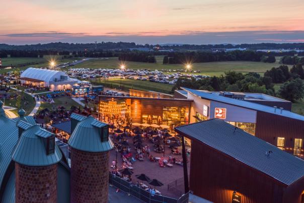 evening aerial view of Farm Brew Live