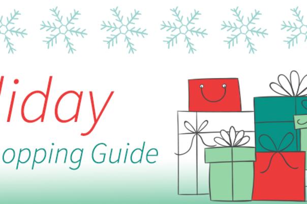 Cartoon snowflakes and presents with the text "holiday shopping guide"