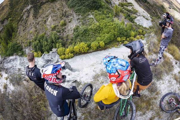 A group of pro riding scope out potential lines for the Natural Selection Bike event