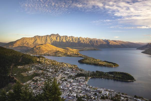 Wide view of Queenstown, Lake Whakatipu and the Remarkable Mountains from above