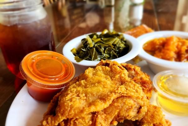 fried chicken with iced tea and collard greens at Magnolia 23