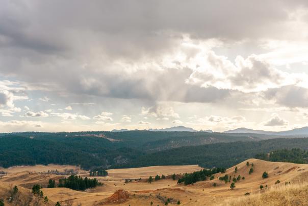 A panoramic view of the Black Hills on a partly cloudy late afternoon with Black Elk Peak visible on the horizon near the center of the photo.