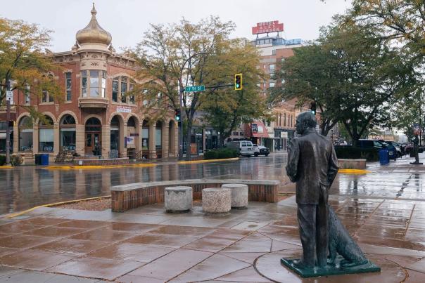 Rainy day in downtown rapid city featuring president ford statue