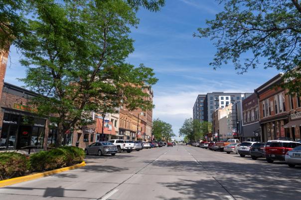 A vibrant city street under a clear blue sky. Lined with trees, cars, and historic brick buildings, evoking a lively and inviting small-town charm.