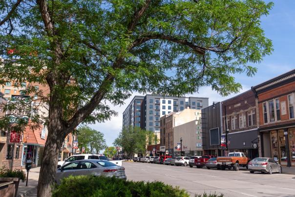 St. Joseph Street in downtown Rapid City with brick buildings, leafy trees and parked cars under a clear blue sky. The scene conveys a vibrant, sunny atmosphere.