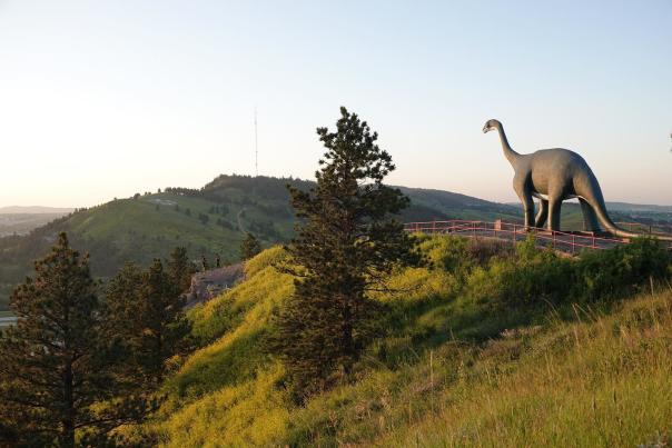 Sunset view from Dinosaur Park overlooking Rapid City, with a large dinosaur statue above green hills, pine trees, and wildflowers.