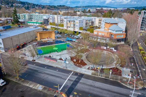 Legacy Square, a public square in downtown Renton featuring stage, futsal court and spot for a new playground.