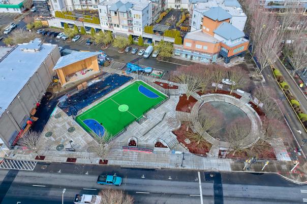Legacy Square, a public square in downtown Renton featuring stage, futsal court and spot for a new playground.