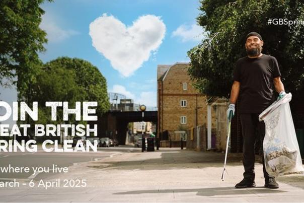 Image of a man holding a bag of litter and a litter picker. The text says 'Join the Great British Spring Clean and Love Where you Live.'