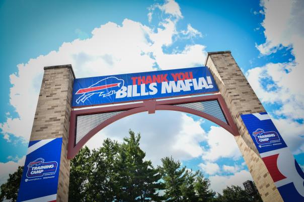 Sign reading "Thank You Bills Mafia" marking the entrance for Buffalo Bills Training Camp.