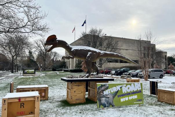A dinosaur outside of the Rochester Museum and Science Center for Expedition: Dinosaur