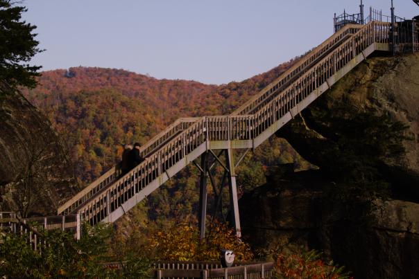 Hikers navigate the overground staircase in Rutherford County's Blue Ridge Foothills.