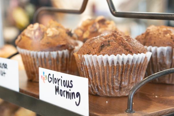 Muffins with sign saying glorious morning