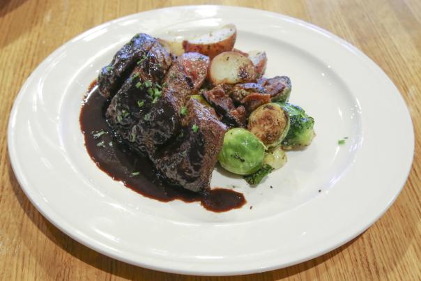 Porcini Bistro Filet. Porcini crusted bistro filet, roasted New Potatoes, bacon-braised Brussels sprouts and smoked porcini demi glaze. Taken 1/9/2017